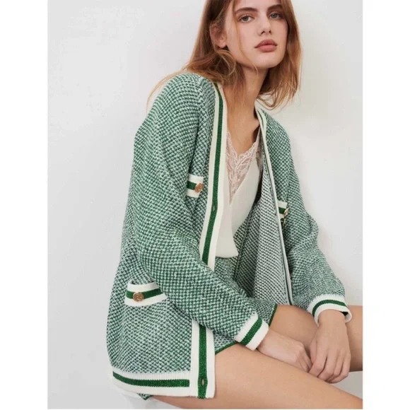 Maje Maitresse Green Lurex Metallic Threaded Cardigan Sweater Size 3, US Large - Picture 16 of 16